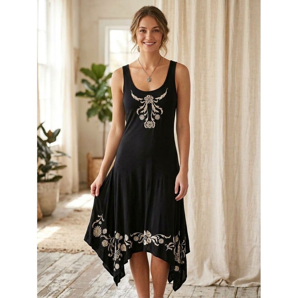 JWLA Johnny Was Black Embroidered Handkerchief Hem Tank Dress S boho artsy